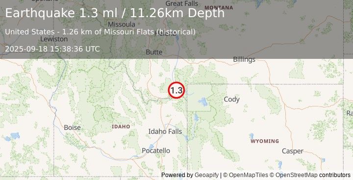 Earthquake 27 km W of Hebgen Lake Estates, Montana (1.3 ml) (2025-09-18 15:38:36 UTC)