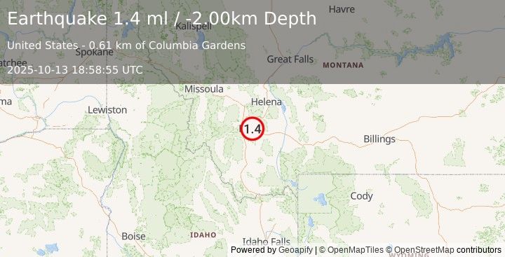 Earthquake 4 km E of Butte, Montana (1.4 ml) (2025-10-13 18:58:55 UTC)
