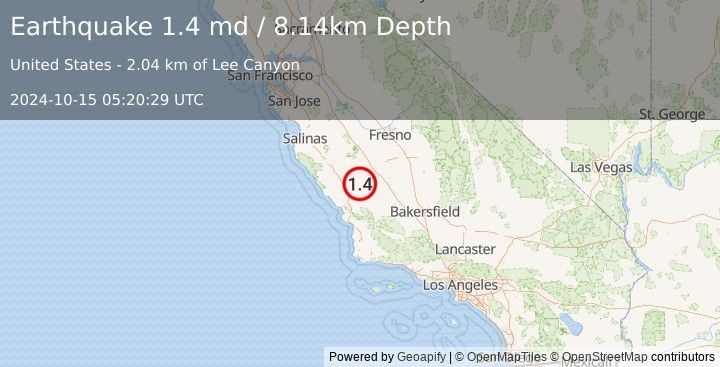 Earthquake 3 km SSW of Parkfield, CA (1.4 md) (2024-10-15 05:20:29 UTC)