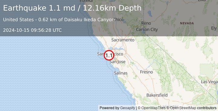 Earthquake 3 km W of Daly City, CA (1.1 md) (2024-10-15 09:56:28 UTC)