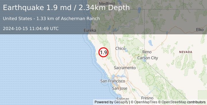 Earthquake 17 km NW of Lake Pillsbury, CA (1.9 md) (2024-10-15 11:04:49 UTC)