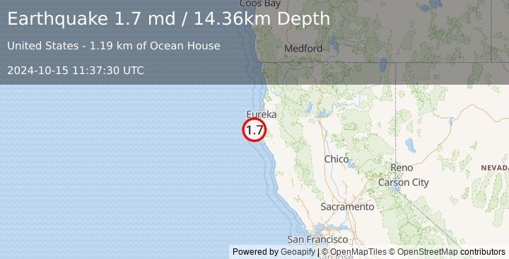 Earthquake 14 km NNW of Petrolia, CA (1.7 md) (2024-10-15 11:37:30 UTC)