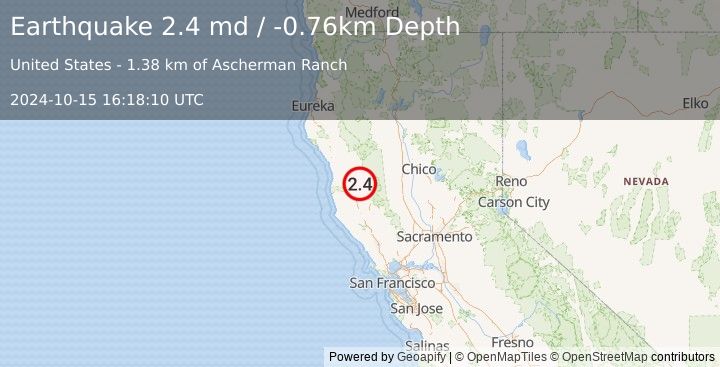 Earthquake 17 km NW of Lake Pillsbury, CA (2.4 md) (2024-10-15 16:18:10 UTC)