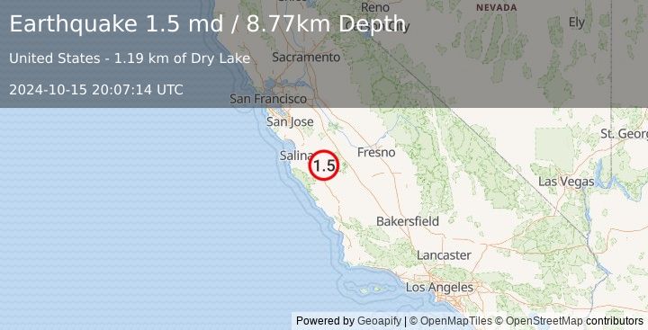 Earthquake 9 km SE of Pinnacles, CA (1.5 md) (2024-10-15 20:07:14 UTC)