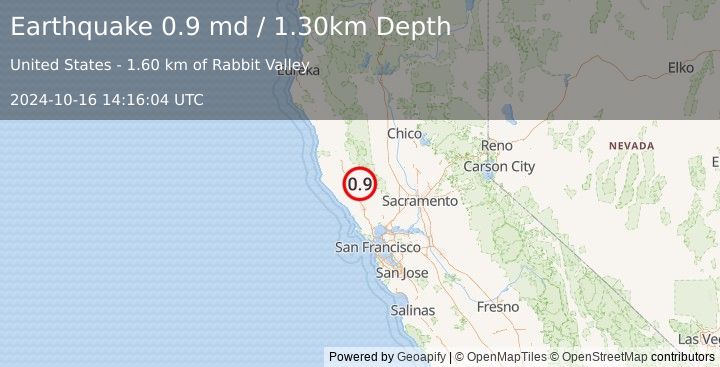 Earthquake 10 km NW of Cobb, CA (0.9 md) (2024-10-16 14:16:04 UTC)