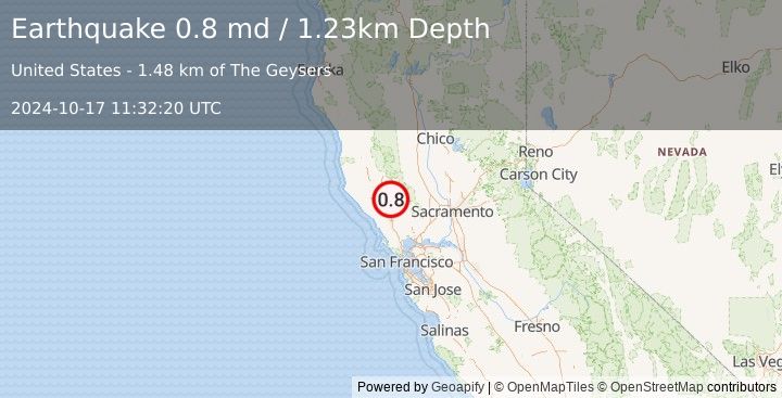 Earthquake 2 km ESE of The Geysers, CA (0.8 md) (2024-10-17 11:32:20 UTC)