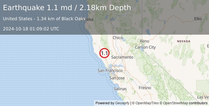 Earthquake 9 km NW of The Geysers, CA (1.1 md) (2024-10-18 01:09:02 UTC)