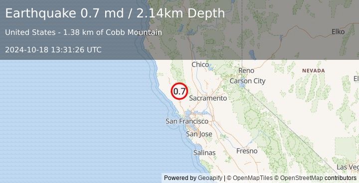 Earthquake 3 km NNE of The Geysers, CA (0.7 md) (2024-10-18 13:31:26 UTC)