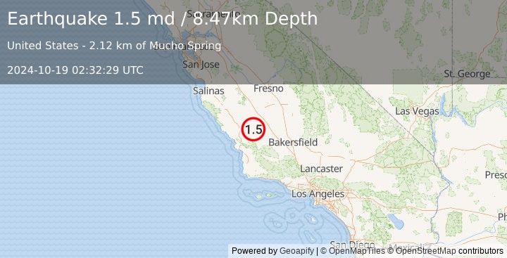 Earthquake 4 km SE of Cholame, CA (1.5 md) (2024-10-19 02:32:29 UTC)