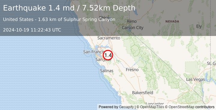 Earthquake 20 km SW of Tracy, CA (1.4 md) (2024-10-19 11:22:43 UTC)