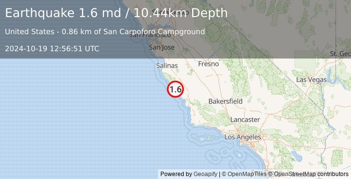 Earthquake 19 km NNW of San Simeon, CA (1.6 md) (2024-10-19 12:56:51 UTC)