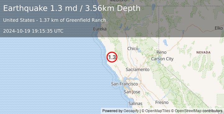 Earthquake 9 km W of Redwood Valley, CA (1.3 md) (2024-10-19 19:15:35 UTC)