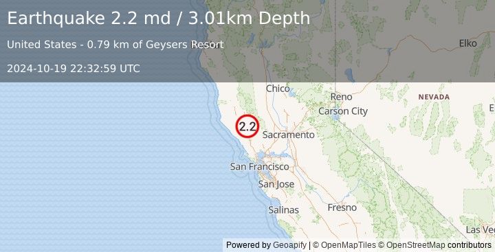 Earthquake 5 km WNW of The Geysers, CA (2.2 md) (2024-10-19 22:32:59 UTC)