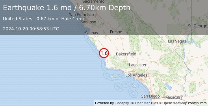 Earthquake 7 km SW of Atascadero, CA (1.6 md) (2024-10-20 00:58:53 UTC)