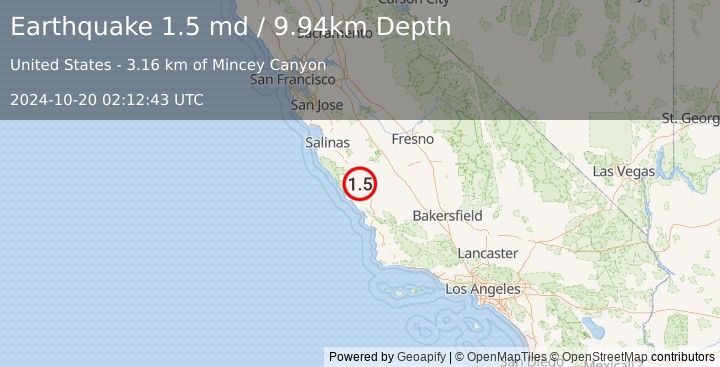 Earthquake 9 km SSW of San Ardo, CA (1.5 md) (2024-10-20 02:12:43 UTC)