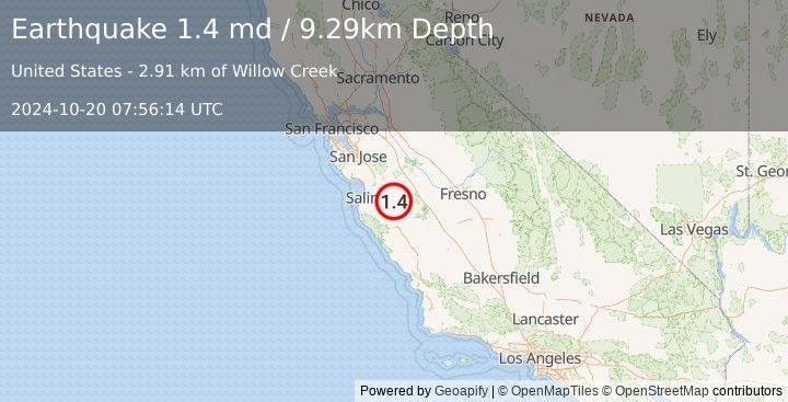 Earthquake 10 km  of Pinnacles, CA (1.4 md) (2024-10-20 07:56:14 UTC)