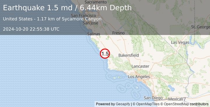 Earthquake 9 km ENE of Cayucos, CA (1.5 md) (2024-10-20 22:55:38 UTC)