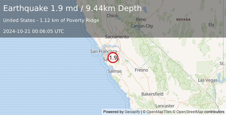 Earthquake 9 km NE of Alum Rock, CA (1.9 md) (2024-10-21 00:06:05 UTC)