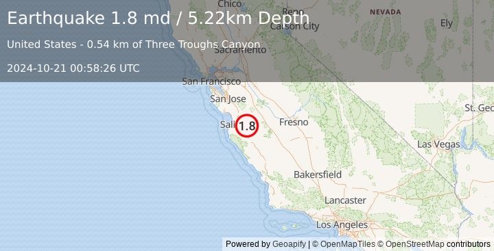 Earthquake 17 km S of Tres Pinos, CA (1.8 md) (2024-10-21 00:58:26 UTC)