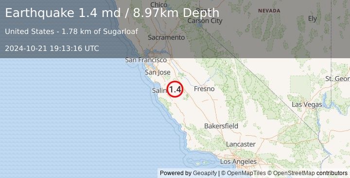 Earthquake 21 km ESE of Tres Pinos, CA (1.4 md) (2024-10-21 19:13:16 UTC)