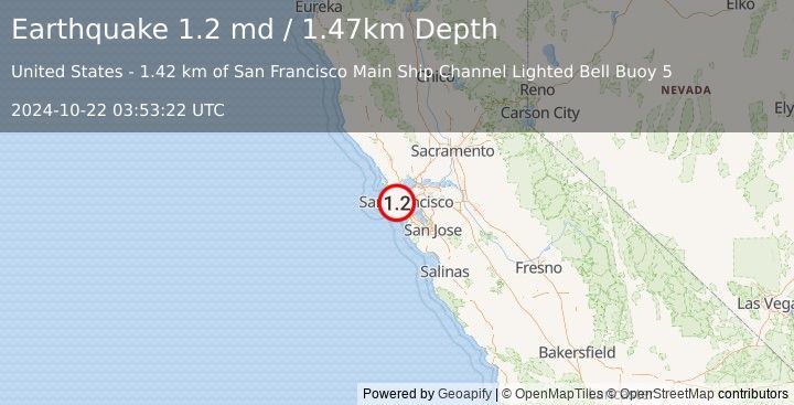 Earthquake 10 km WNW of San Francisco Zoo, CA (1.2 md) (2024-10-22 03:53:22 UTC)