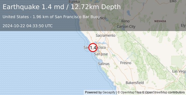 Earthquake 7 km NW of San Francisco Zoo, CA (1.4 md) (2024-10-22 04:33:50 UTC)