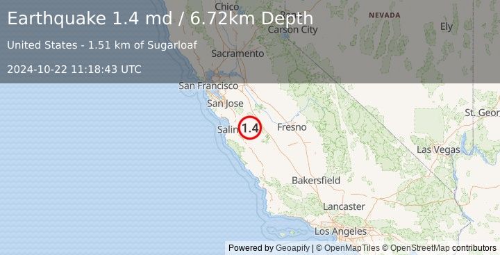 Earthquake 21 km ESE of Tres Pinos, CA (1.4 md) (2024-10-22 11:18:43 UTC)