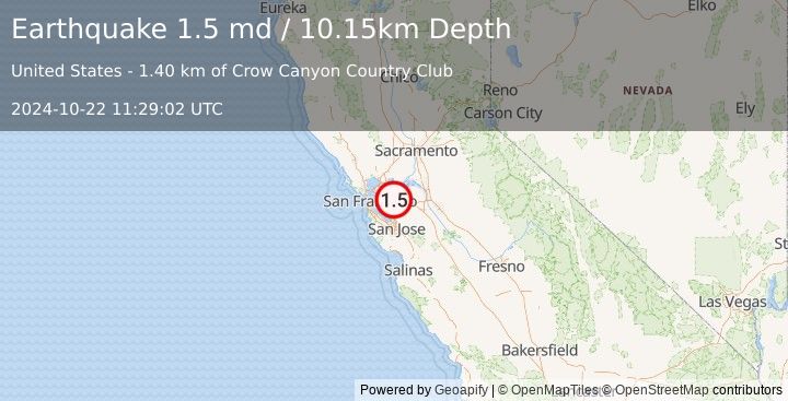 Earthquake 3 km E of San Ramon, CA (1.5 md) (2024-10-22 11:29:02 UTC)