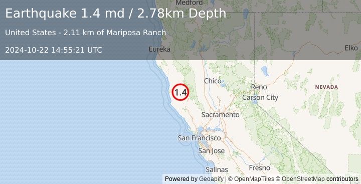 Earthquake 10 km NNW of Redwood Valley, CA (1.4 md) (2024-10-22 14:55:21 UTC)