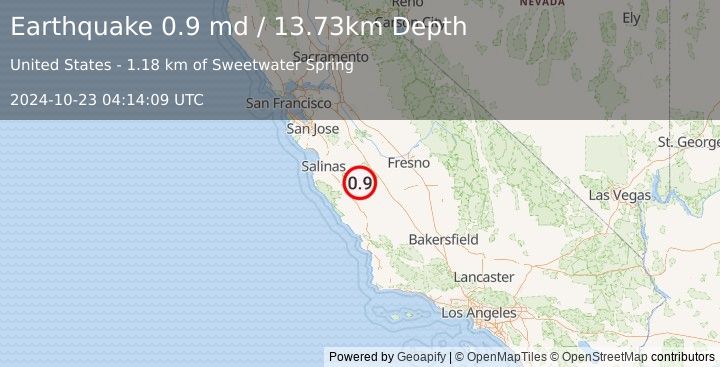 Earthquake 17 km W of New Idria, CA (0.9 md) (2024-10-23 04:14:09 UTC)