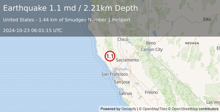 Earthquake 2 km NNE of The Geysers, CA (1.1 md) (2024-10-23 06:01:15 UTC)