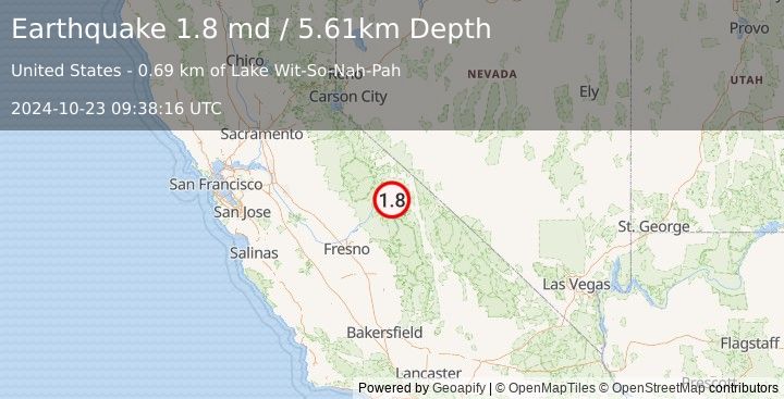 Earthquake 15 km SSE of Mammoth Lakes, CA (1.8 md) (2024-10-23 09:38:16 UTC)