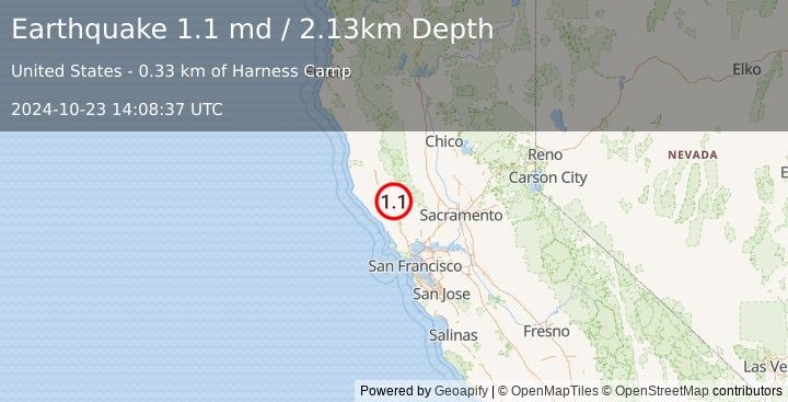 Earthquake 8 km WNW of The Geysers, CA (1.1 md) (2024-10-23 14:08:37 UTC)