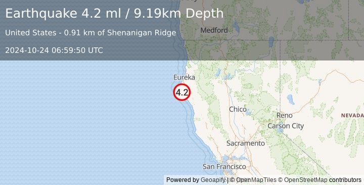 Earthquake 5 km S of Petrolia, CA (4.2 ml) (2024-10-24 06:59:50 UTC)