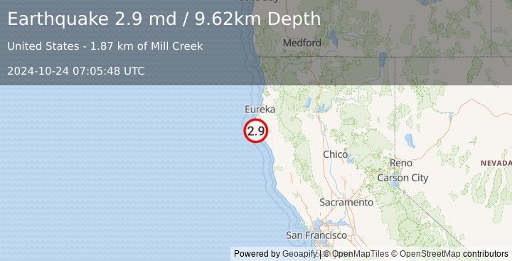 Earthquake 4 km SSW of Petrolia, CA (2.9 md) (2024-10-24 07:05:48 UTC)