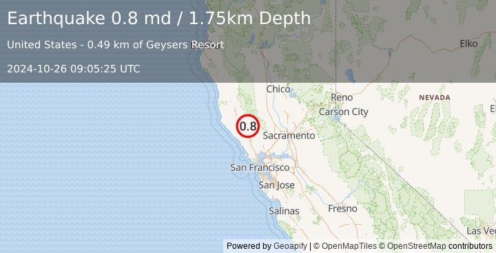 Earthquake 5 km NW of The Geysers, CA (0.8 md) (2024-10-26 09:05:25 UTC)