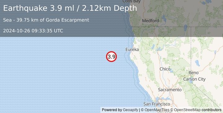 Earthquake 115 km WNW of Petrolia, CA (3.9 ml) (2024-10-26 09:33:35 UTC)