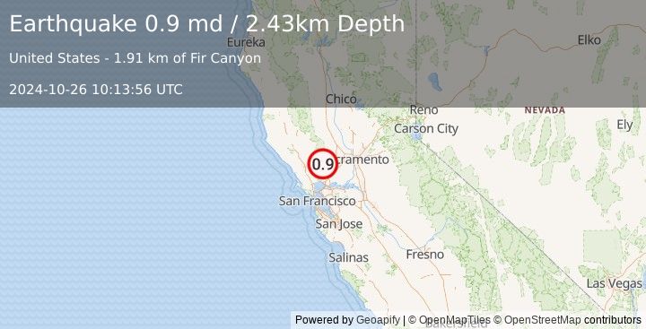 Earthquake 11 km NE of Yountville, CA (0.9 md) (2024-10-26 10:13:56 UTC)