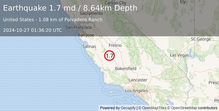 Earthquake 11 km WSW of Huron, CA (1.7 md) (2024-10-27 01:36:20 UTC)