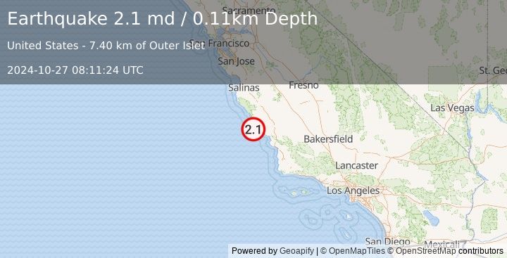 Earthquake 15 km W of San Simeon, CA (2.1 md) (2024-10-27 08:11:24 UTC)