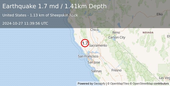 Earthquake 3 km SW of Anderson Springs, CA (1.7 md) (2024-10-27 11:39:56 UTC)