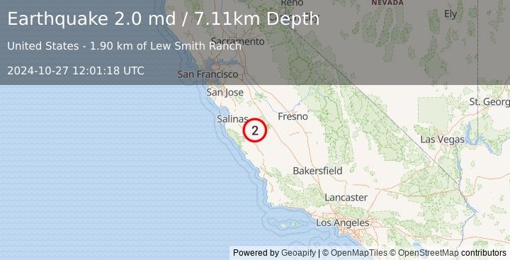 Earthquake 23 km SE of Pinnacles, CA (2.0 md) (2024-10-27 12:01:18 UTC)