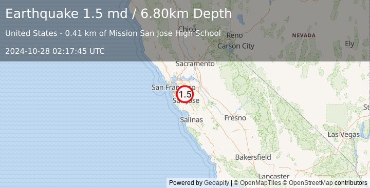 Earthquake 5 km E of Fremont, CA (1.5 md) (2024-10-28 02:17:45 UTC)