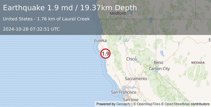 Earthquake 9 km S of Redway, CA (1.9 md) (2024-10-28 07:32:51 UTC)