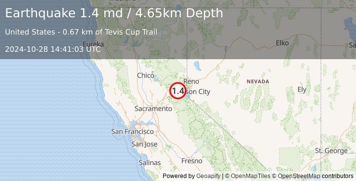 Earthquake 21 km WNW of Sunnyside-Tahoe City, CA (1.4 md) (2024-10-28 14:41:03 UTC)