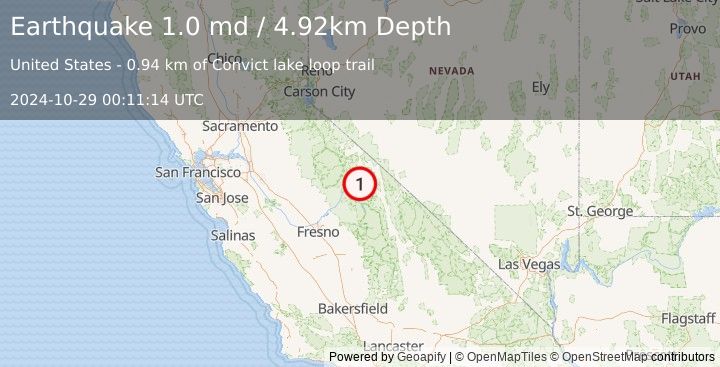 Earthquake 12 km SE of Mammoth Lakes, CA (1.0 md) (2024-10-29 00:11:14 UTC)