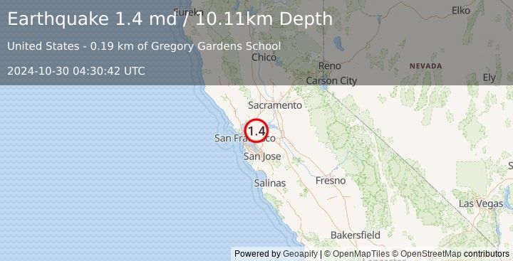 Earthquake 1 km NNW of Pleasant Hill, CA (1.4 md) (2024-10-30 04:30:42 UTC)