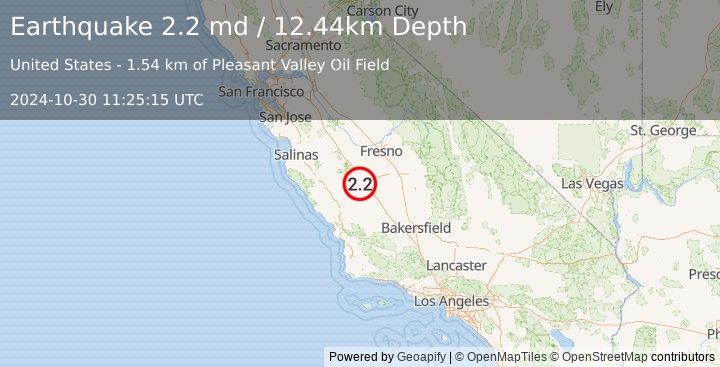 Earthquake 10 km E of Coalinga, CA (2.2 md) (2024-10-30 11:25:15 UTC)