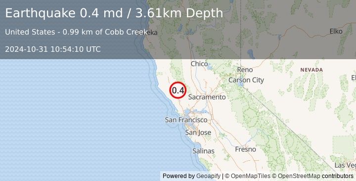 Earthquake 3 km NW of The Geysers, CA (0.4 md) (2024-10-31 10:54:10 UTC)