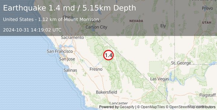 Earthquake 13 km SE of Mammoth Lakes, CA (1.4 md) (2024-10-31 14:19:02 UTC)